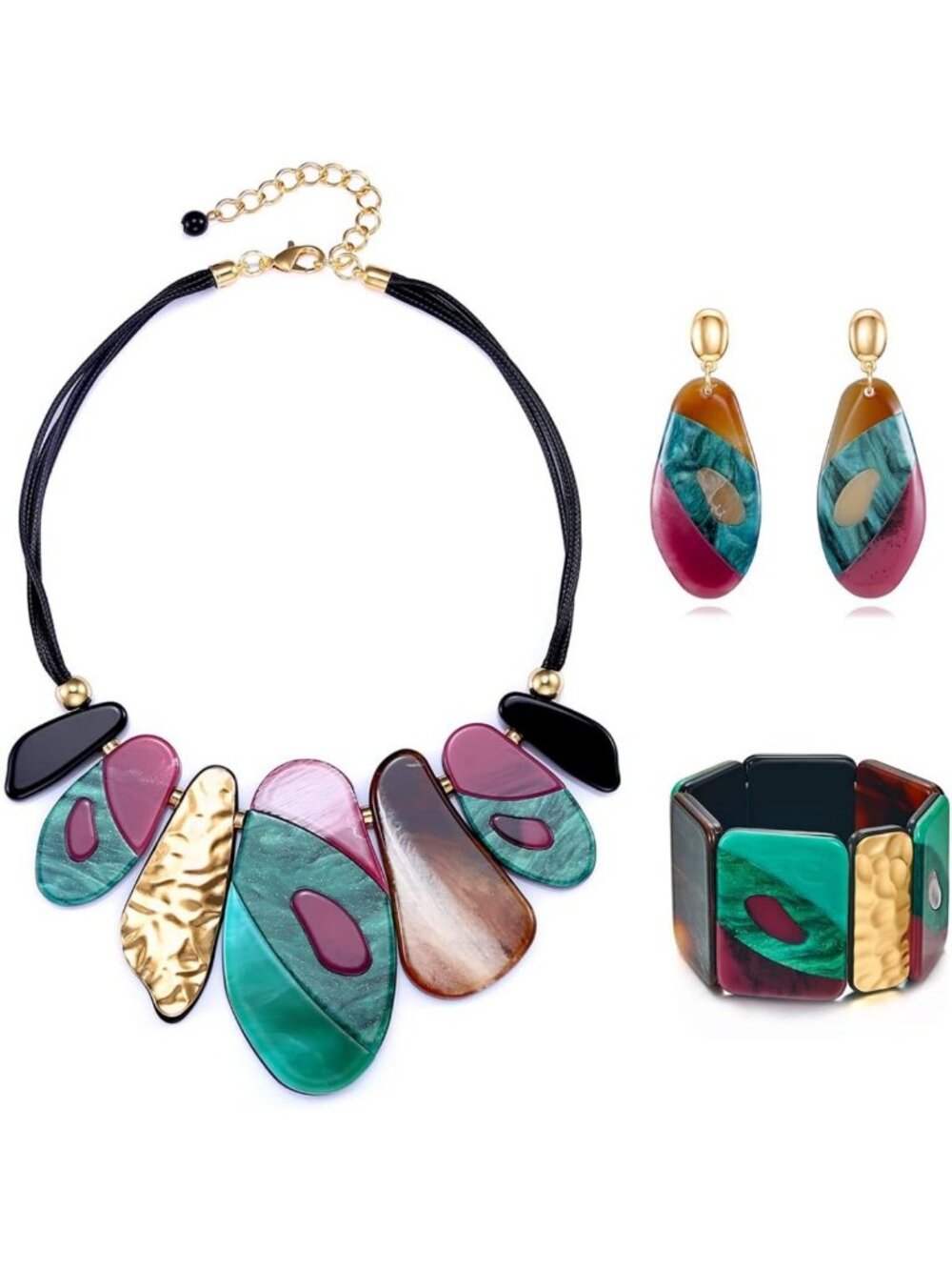 Colorful Bohemian Acrylic Jewelry Set - Chunky Bib Necklace, Bangle & Earrings